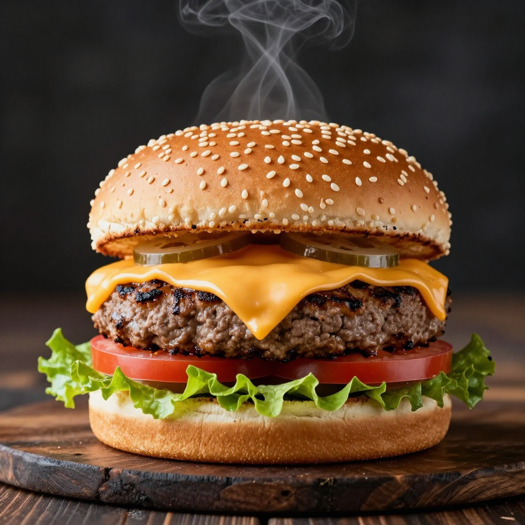 Delicious gourmet burger with melting cheddar cheese, grilled patty, fresh lettuce and tomato, sesame bun, steam rising, dark wooden table context, food photography, dramatic lighting, depth of field