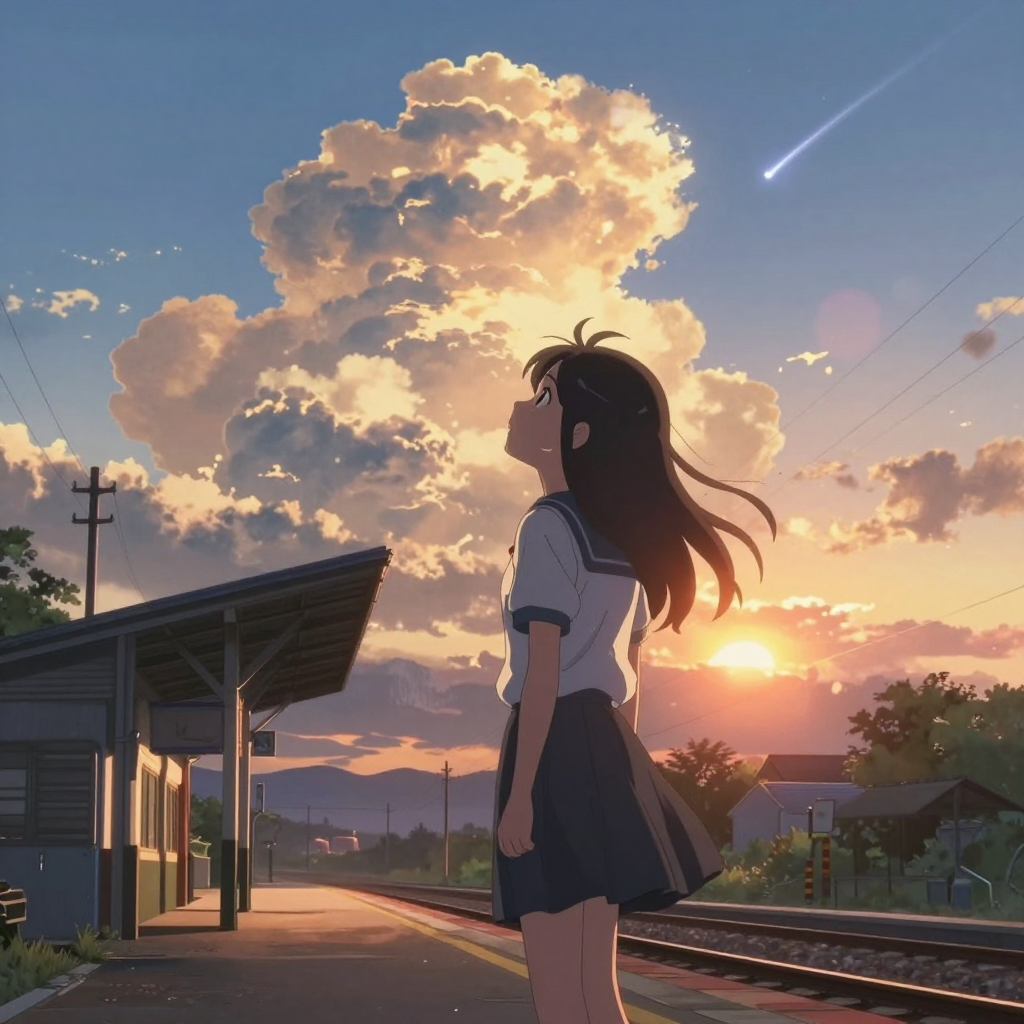 anime illustration, Makoto Shinkai style, cinematic, a girl with long black hair in school uniform looking up at the sky, standing at a rural train station platform during sunset, stunning detailed clouds, golden hour lighting, lens flare, emotional atmosphere, comet tail in the sky, ultra detailed environment