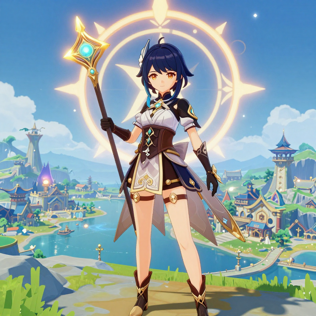 best quality, highly detailed, Genshin Impact art style, solo anime girl, beautiful adventurer outfit with ornate details and gold trim, holding a glowing magical staff, standing on a cliff overlooking a fantasy harbor city like Liyue, breathtaking landscape, bright vibrant colors, celestial lighting, intricate background, official game art