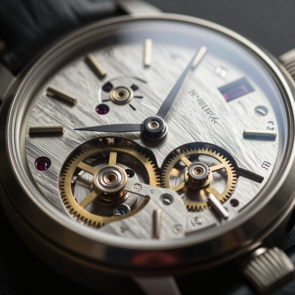 Photorealistic close-up of a vintage mechanical watch with intricate gears and engravings, dramatic side lighting, depth of field, metallic textures