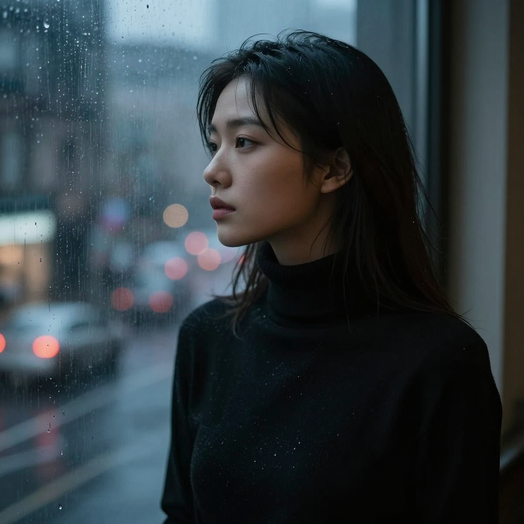 A photorealistic, moody portrait of a young woman in a black turtleneck, gazing out a window at rainy city lights. Cinematic and atmospheric.
