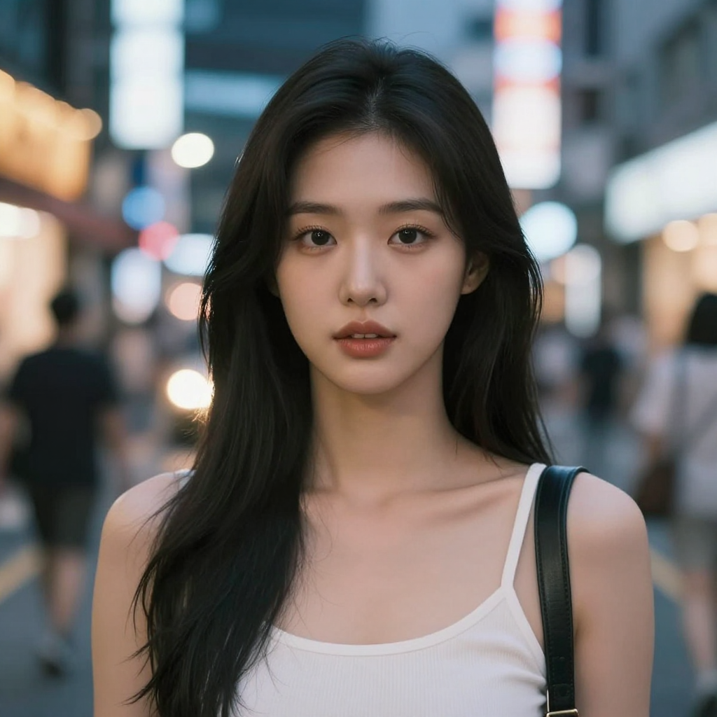 A hyper-realistic portrait of a beautiful Korean woman with clear skin, natural makeup, standing in a lively Seoul street at night, bokeh city lights background, soft cinematic lighting, shot on Sony A7R IV, 85mm lens, 8k resolution, highly detailed texture.