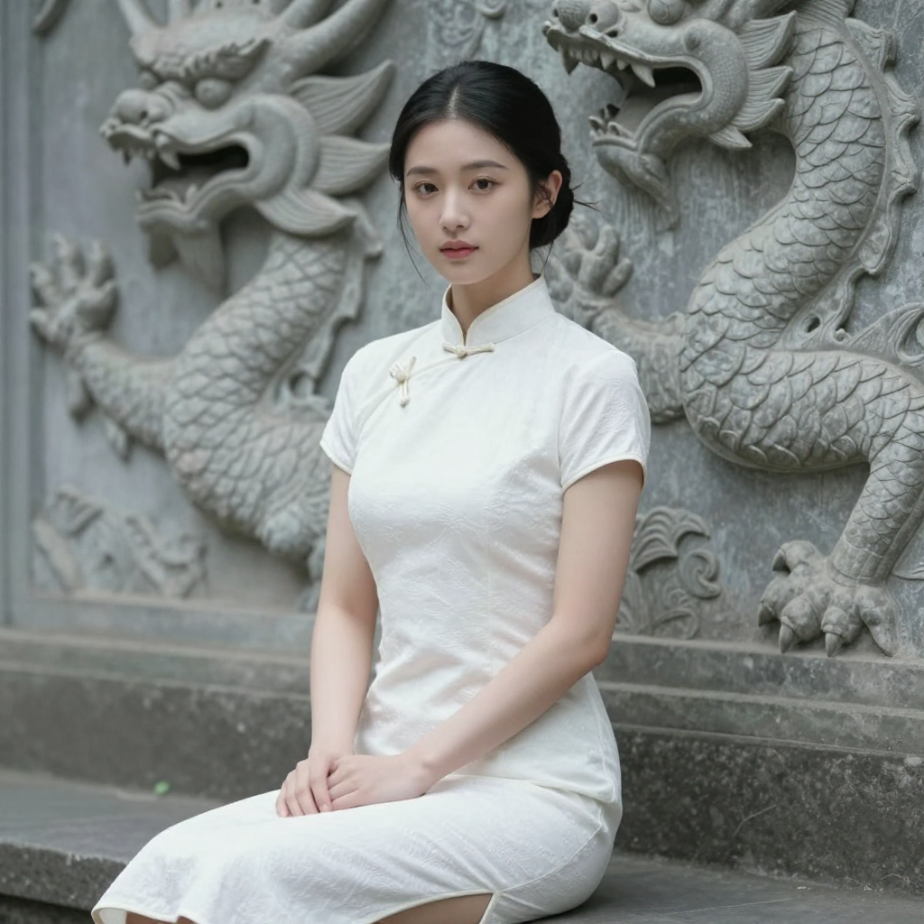 A beautiful young Chinese woman in a white qipao, sitting in front of ancient stone dragon carvings. Soft, natural lighting and a serene mood. Photorealistic and cinematic.