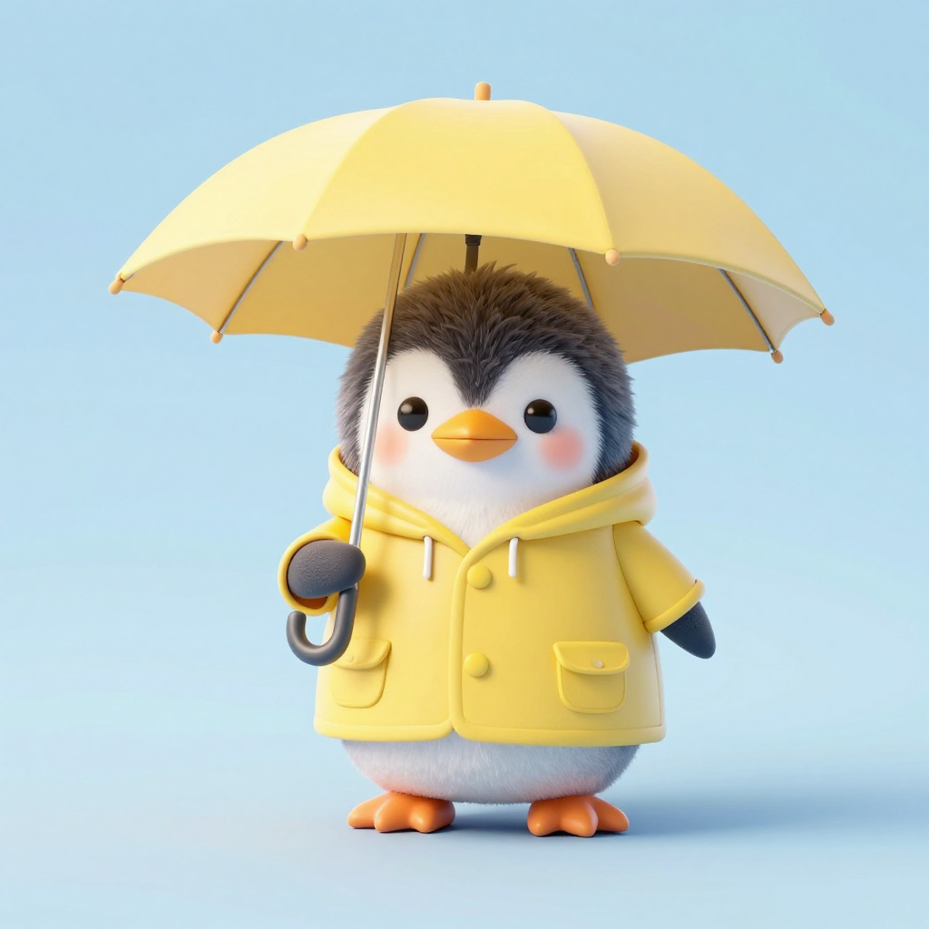 Cute fluffy baby penguin wearing a yellow raincoat and boots, holding a small umbrella, isometric view, 3d render, clay material, soft studio lighting, pastel background, C4D, Blender, high quality,
