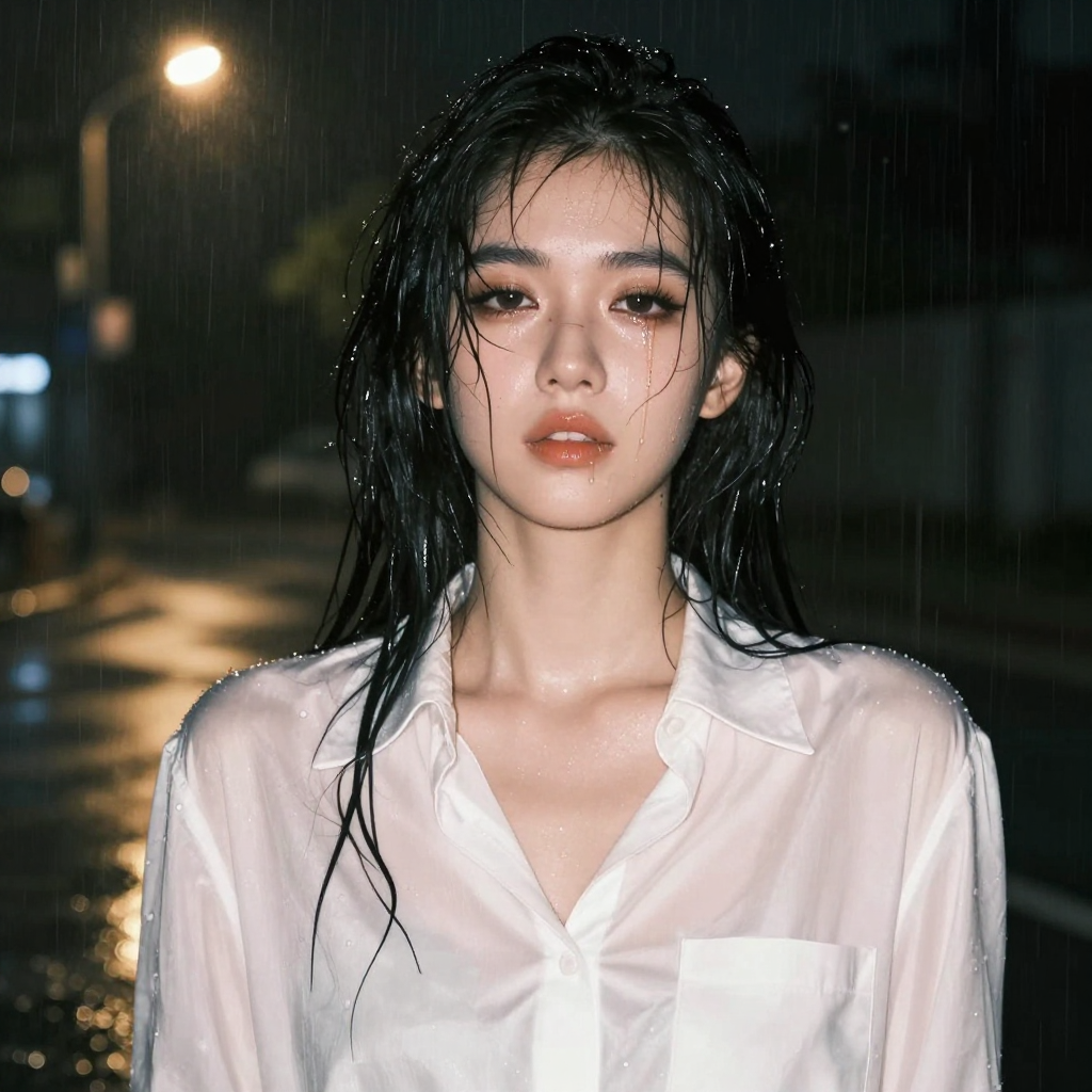 A young woman in the rain, wearing a thin white silk shirt that is slightly wet, hair stuck to face, mascara running slightly, street lights at night, rainy atmosphere, moody and sexy, film grain, cinematic shot