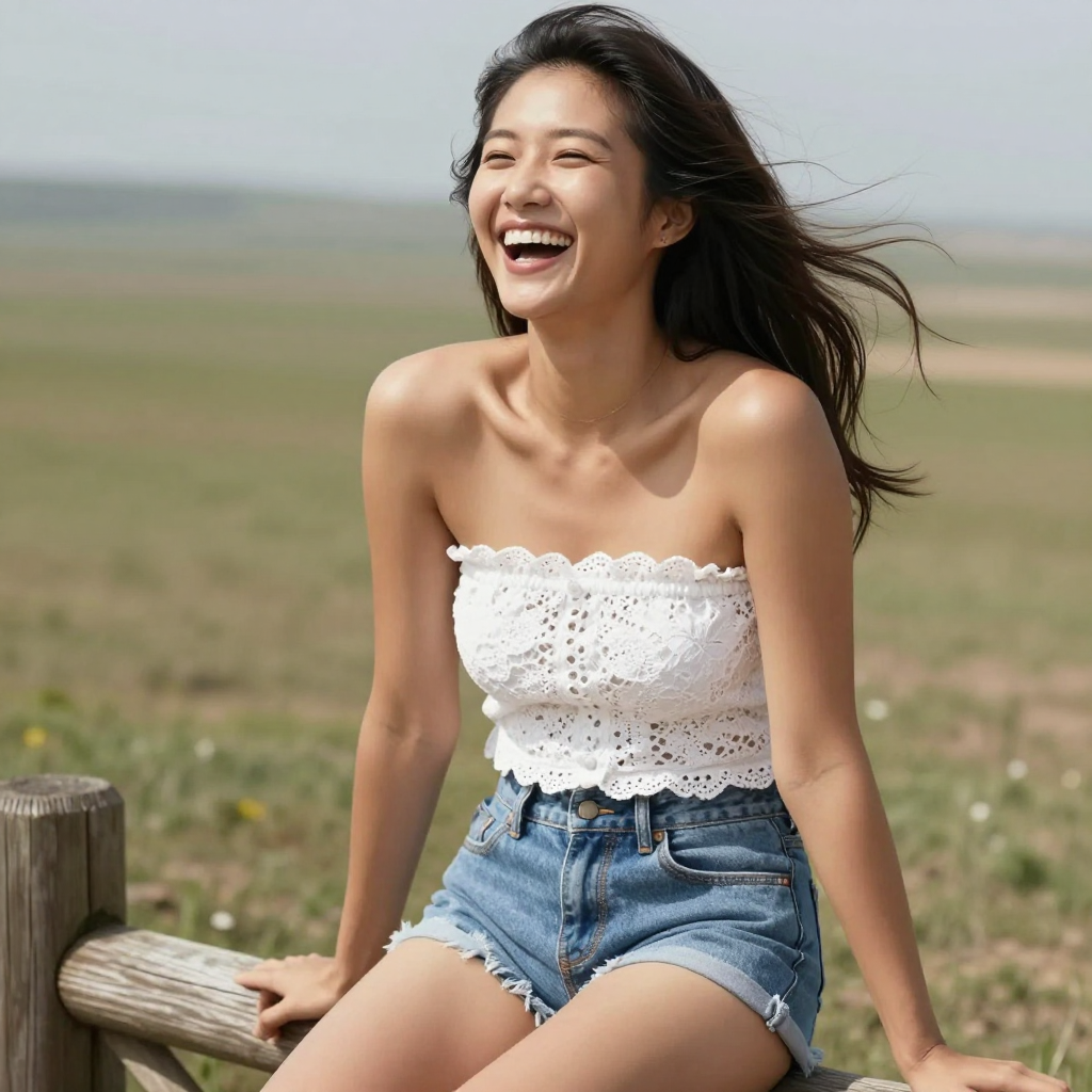 Casual shot of an Asian woman, wearing a white lace tube top and denim denim shorts, sitting on a wooden fence, summer breeze, laughing, bright sunlight, tanned skin, playful and attractive, candid camera shot, high resolution