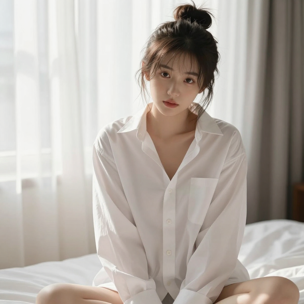 Medium shot of a cute Asian woman, wearing only an oversized white button-down shirt, collarbone exposed, messy bun hair, sitting on a bed, morning sunlight through sheer curtains, soft focus, romantic and seductive vibe, high fashion photography style
