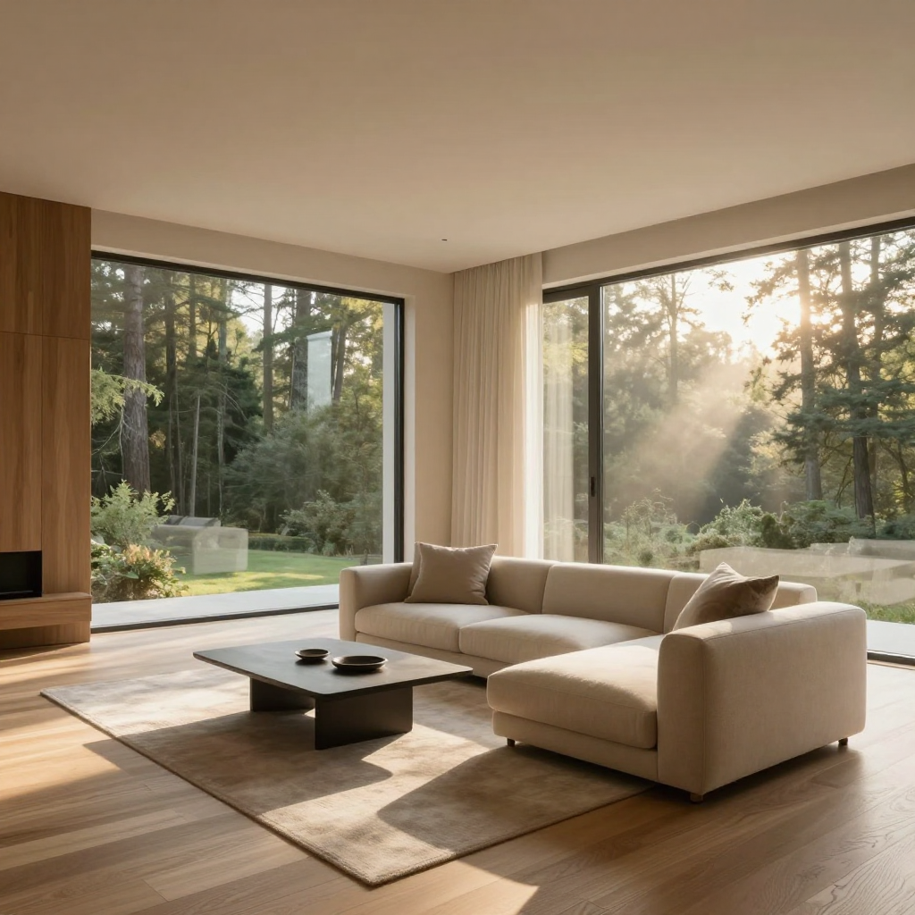 Modern minimalist living room interior, beige sofa, floor-to-ceiling windows with a view of a forest, warm morning sunlight, wooden floor, cozy atmosphere, architectural visualization, photorealistic, wide angle.