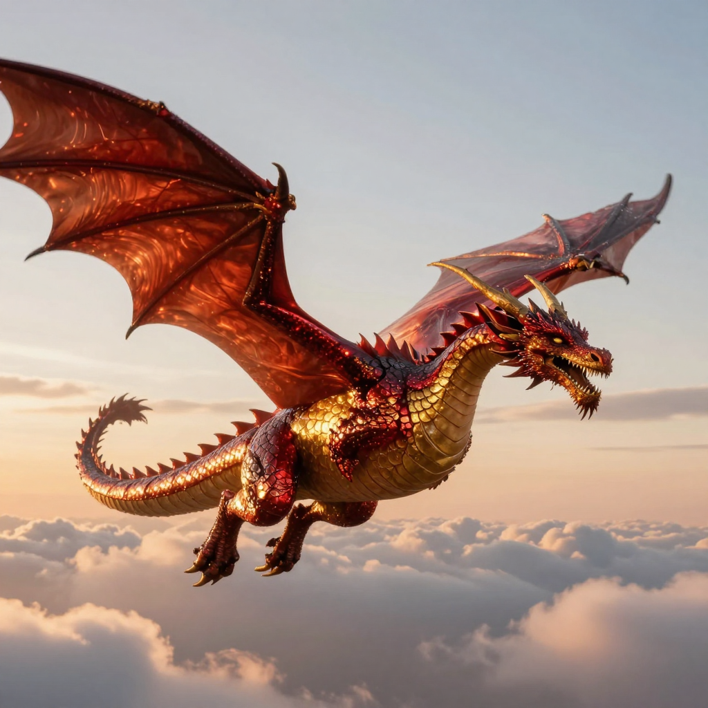 A majestic dragon flying through clouds at sunset, scales shimmering with gold and crimson, epic fantasy art style, detailed wings and claws